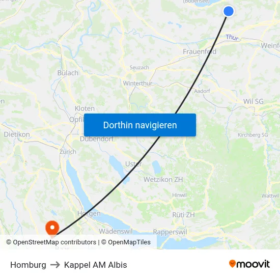Homburg to Kappel AM Albis map