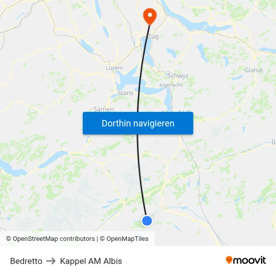 Bedretto to Kappel AM Albis map