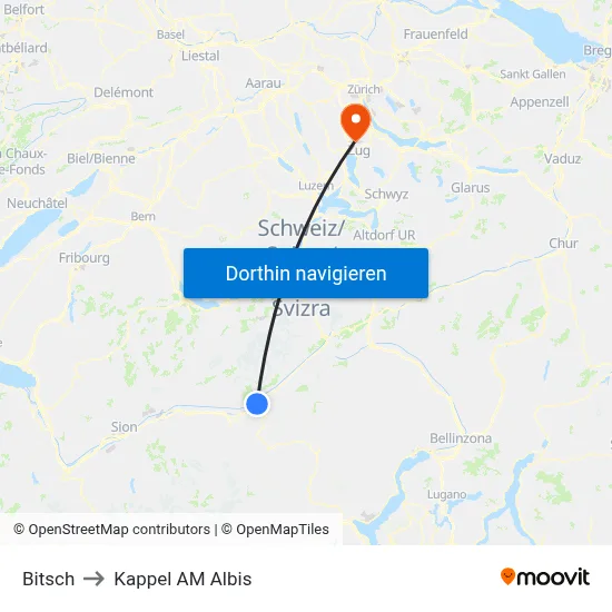 Bitsch to Kappel AM Albis map