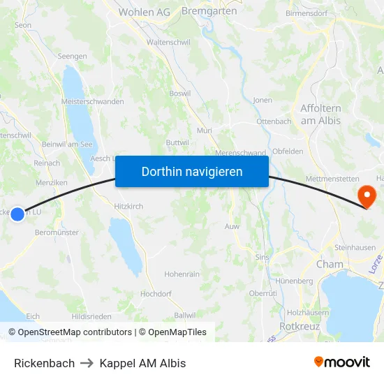 Rickenbach to Kappel AM Albis map