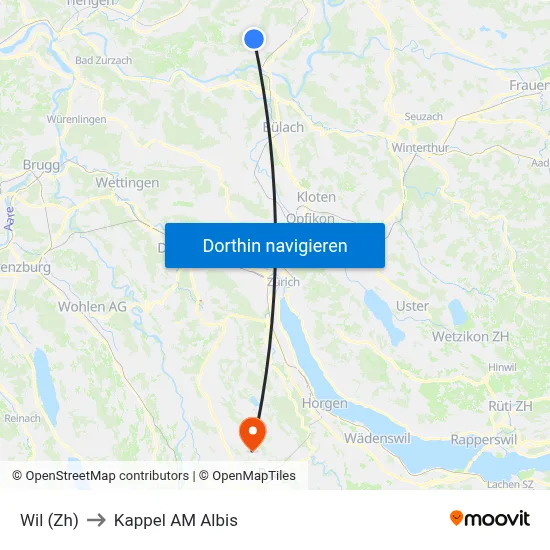 Wil (Zh) to Kappel AM Albis map