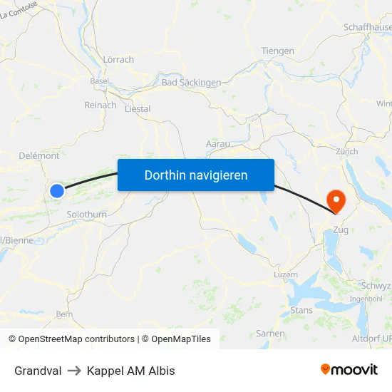Grandval to Kappel AM Albis map