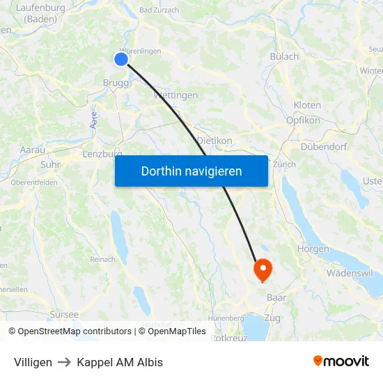 Villigen to Kappel AM Albis map