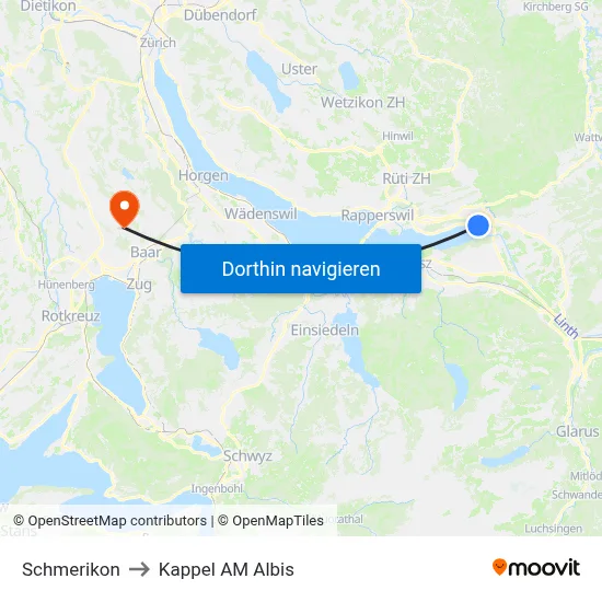 Schmerikon to Kappel AM Albis map