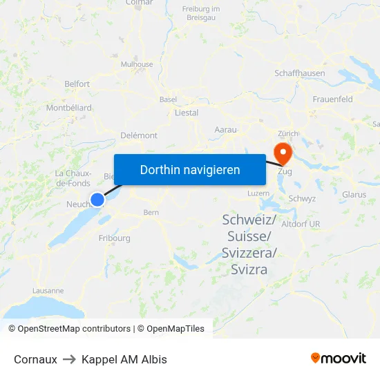 Cornaux to Kappel AM Albis map