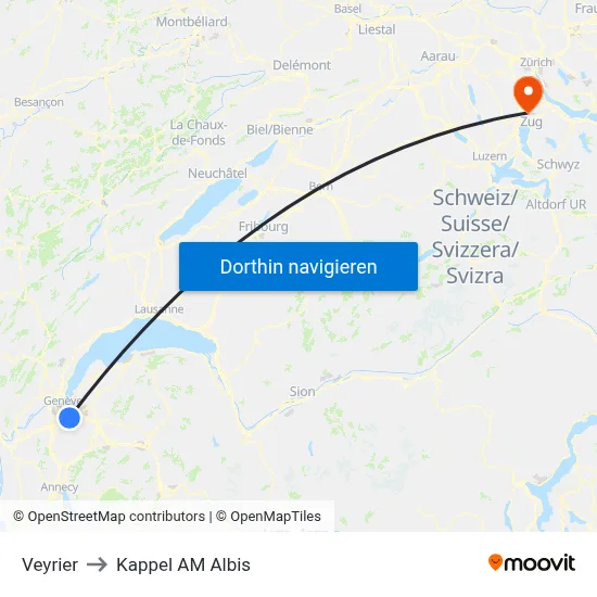 Veyrier to Kappel AM Albis map