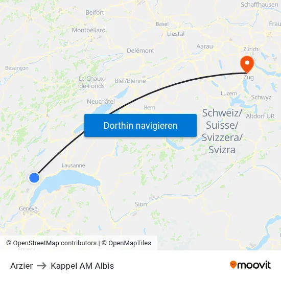 Arzier to Kappel AM Albis map