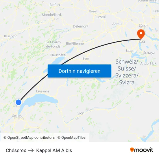Chéserex to Kappel AM Albis map
