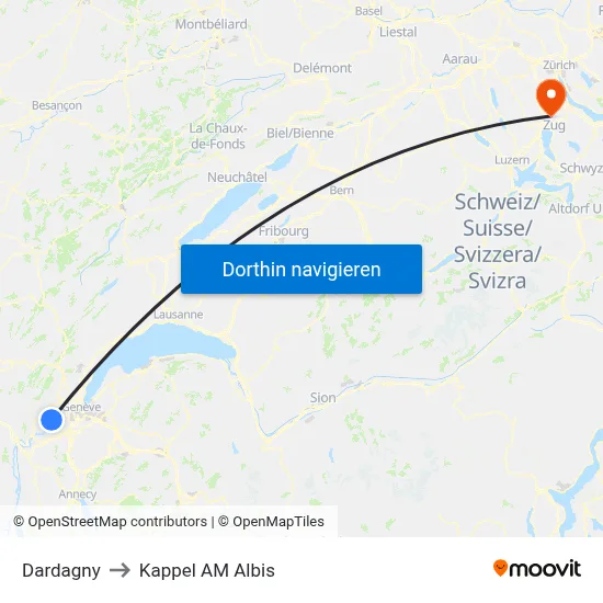 Dardagny to Kappel AM Albis map