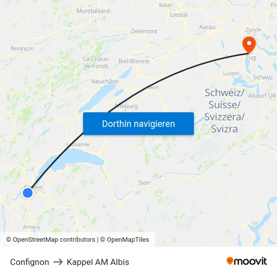 Confignon to Kappel AM Albis map