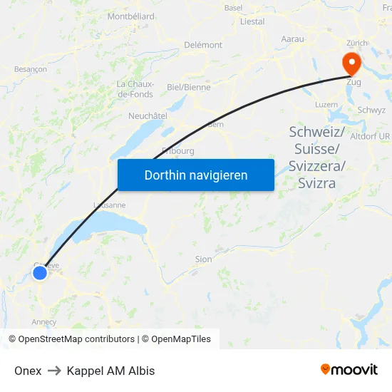 Onex to Kappel AM Albis map
