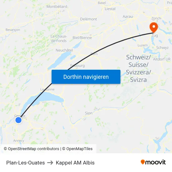 Plan-Les-Ouates to Kappel AM Albis map