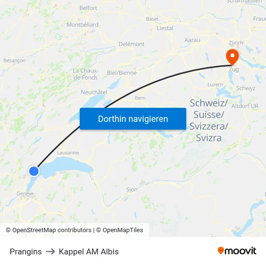 Prangins to Kappel AM Albis map