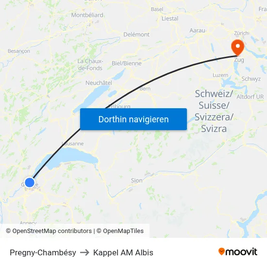 Pregny-Chambésy to Kappel AM Albis map