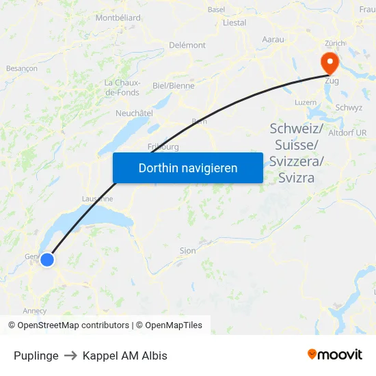 Puplinge to Kappel AM Albis map