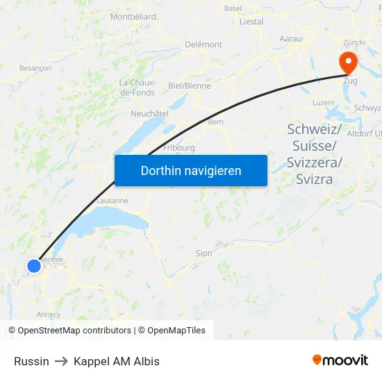 Russin to Kappel AM Albis map