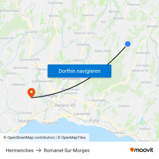 Hermenches to Romanel-Sur-Morges map