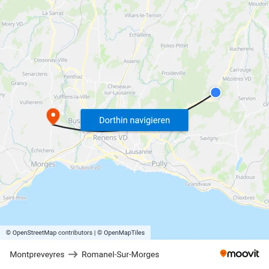 Montpreveyres to Romanel-Sur-Morges map