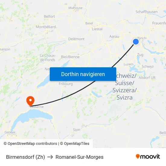 Birmensdorf (Zh) to Romanel-Sur-Morges map