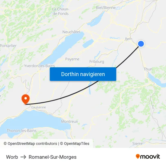 Worb to Romanel-Sur-Morges map