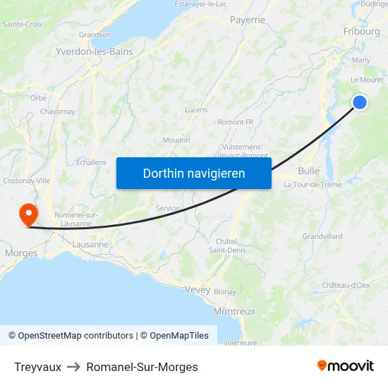 Treyvaux to Romanel-Sur-Morges map