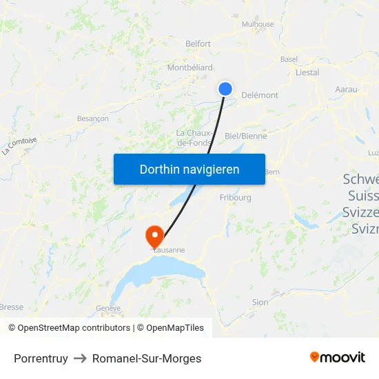 Porrentruy to Romanel-Sur-Morges map