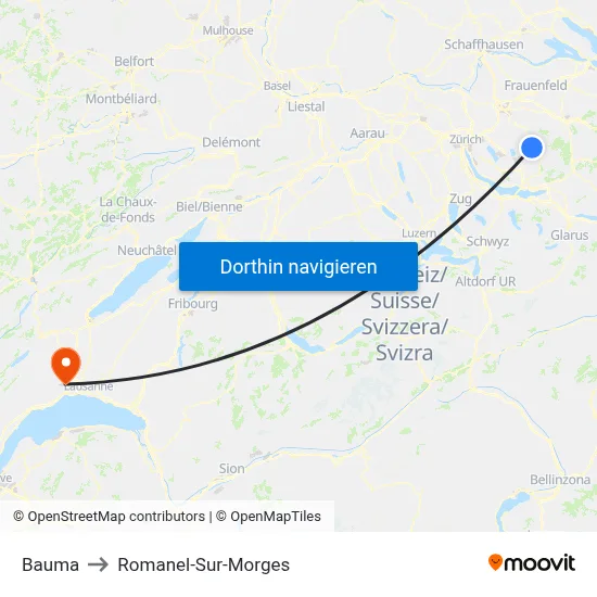 Bauma to Romanel-Sur-Morges map