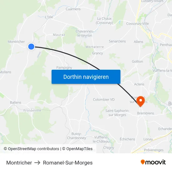 Montricher to Romanel-Sur-Morges map