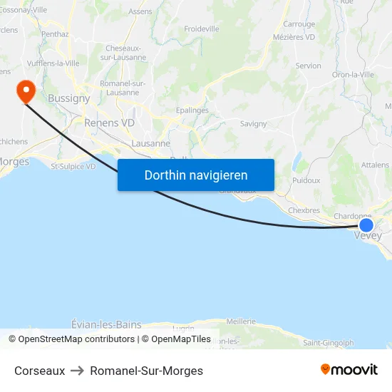 Corseaux to Romanel-Sur-Morges map