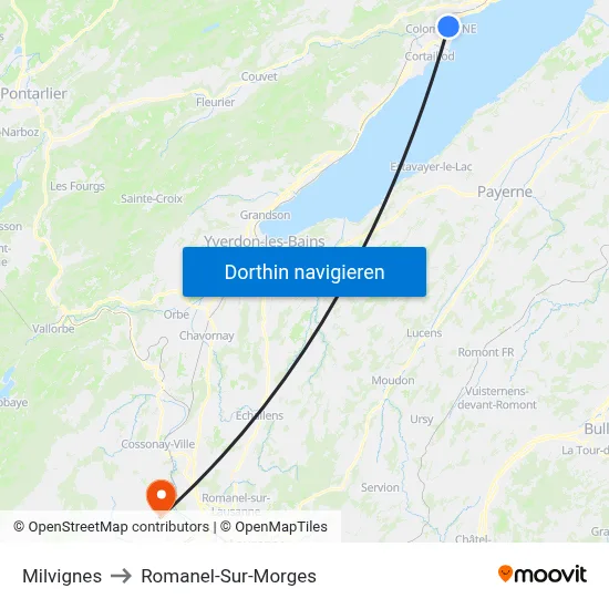 Milvignes to Romanel-Sur-Morges map