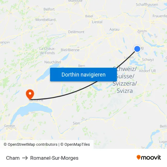 Cham to Romanel-Sur-Morges map