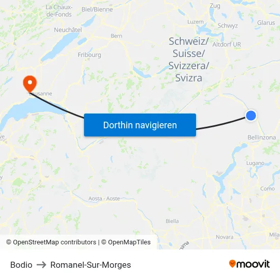 Bodio to Romanel-Sur-Morges map