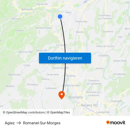 Agiez to Romanel-Sur-Morges map