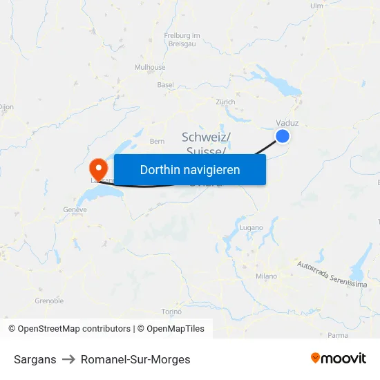 Sargans to Romanel-Sur-Morges map