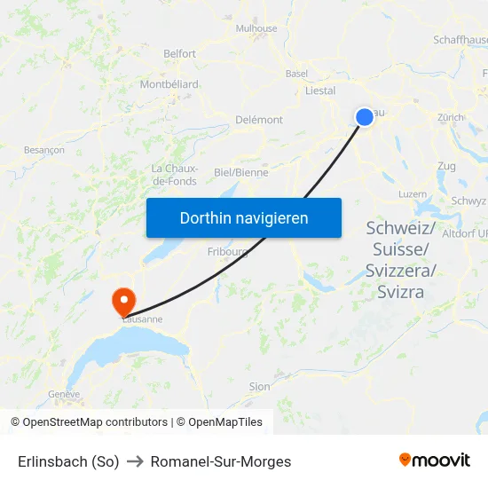 Erlinsbach (So) to Romanel-Sur-Morges map