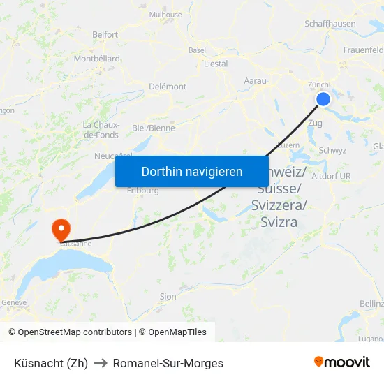 Küsnacht (Zh) to Romanel-Sur-Morges map