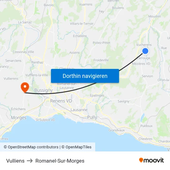 Vulliens to Romanel-Sur-Morges map