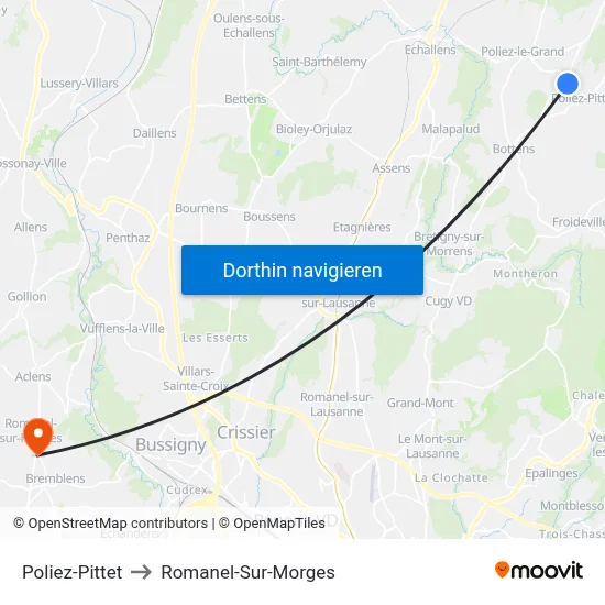 Poliez-Pittet to Romanel-Sur-Morges map
