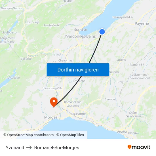 Yvonand to Romanel-Sur-Morges map