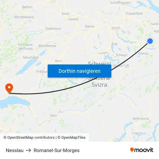 Nesslau to Romanel-Sur-Morges map