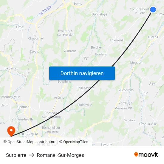 Surpierre to Romanel-Sur-Morges map