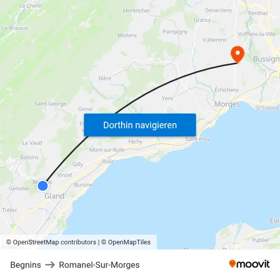 Begnins to Romanel-Sur-Morges map