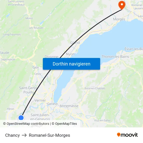 Chancy to Romanel-Sur-Morges map