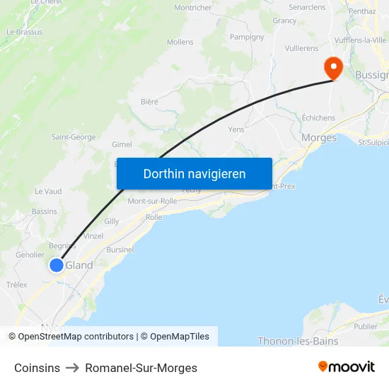 Coinsins to Romanel-Sur-Morges map