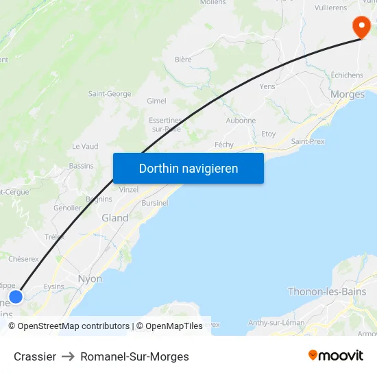 Crassier to Romanel-Sur-Morges map