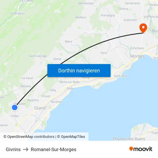 Givrins to Romanel-Sur-Morges map