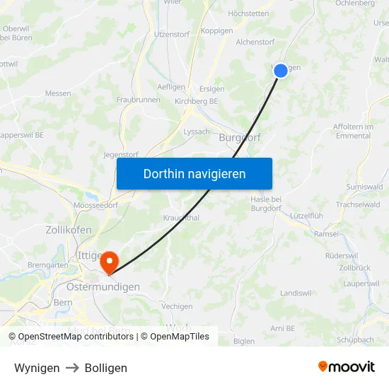 Wynigen to Bolligen map