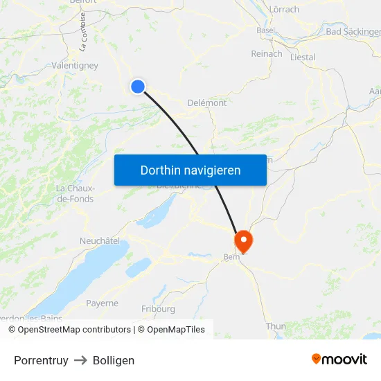 Porrentruy to Bolligen map