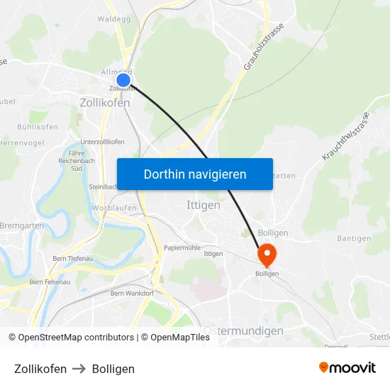 Zollikofen to Bolligen map