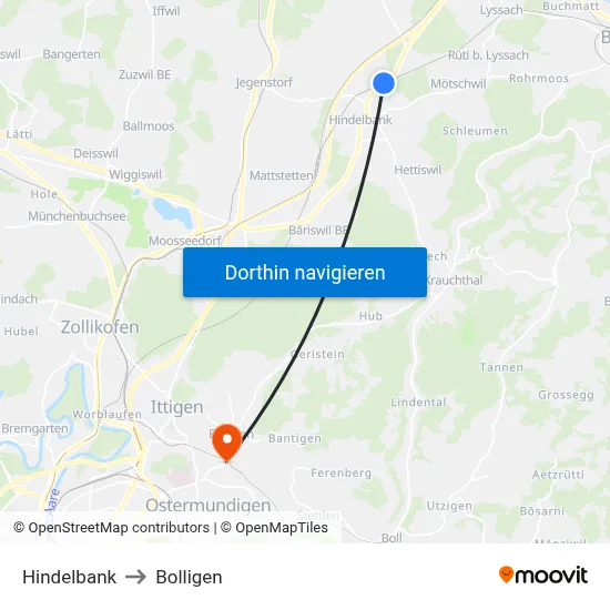 Hindelbank to Bolligen map